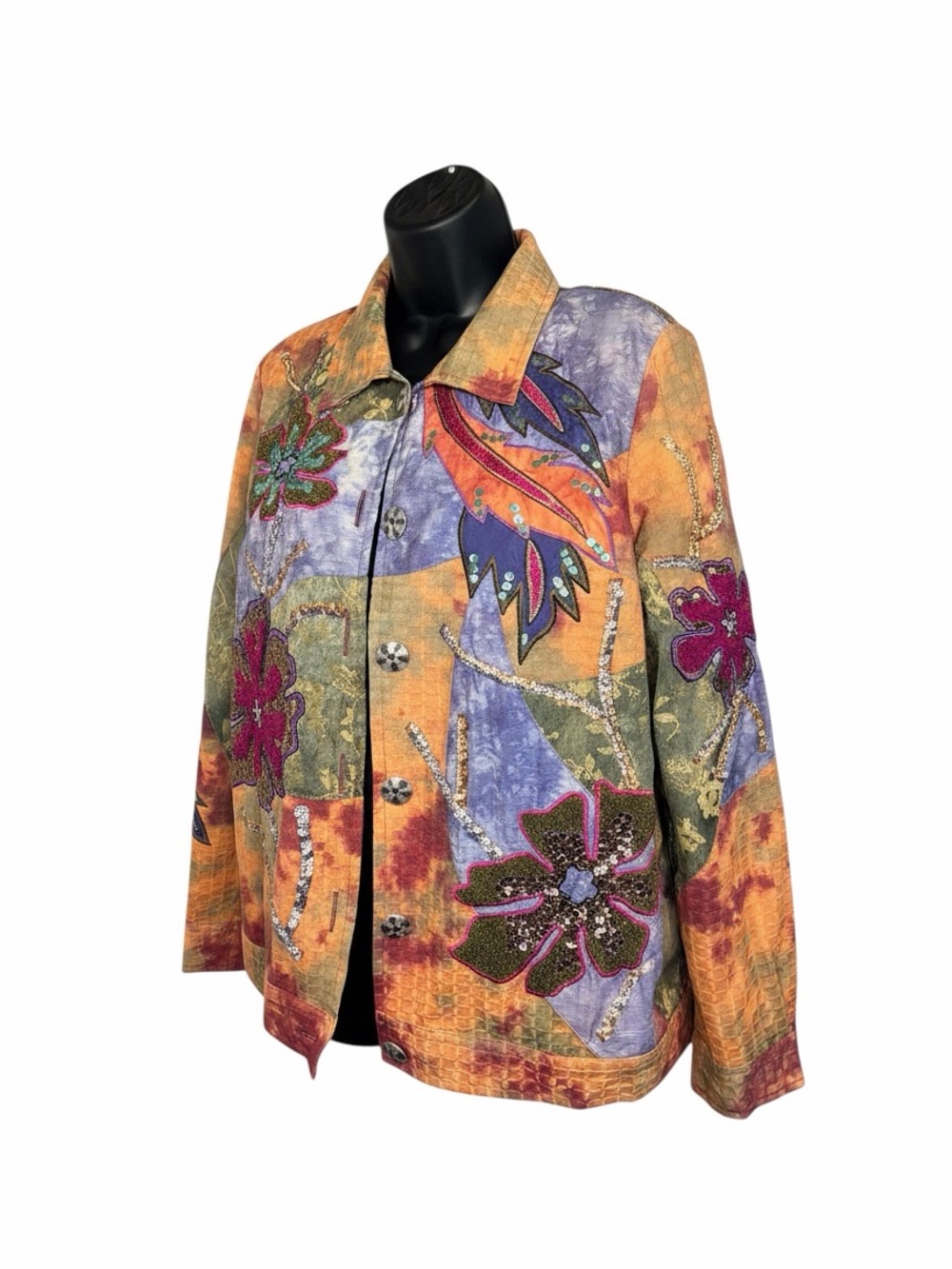Indigo Moon Patchwork Embellished Jacket Floral Sequin Artwear Boho Size S